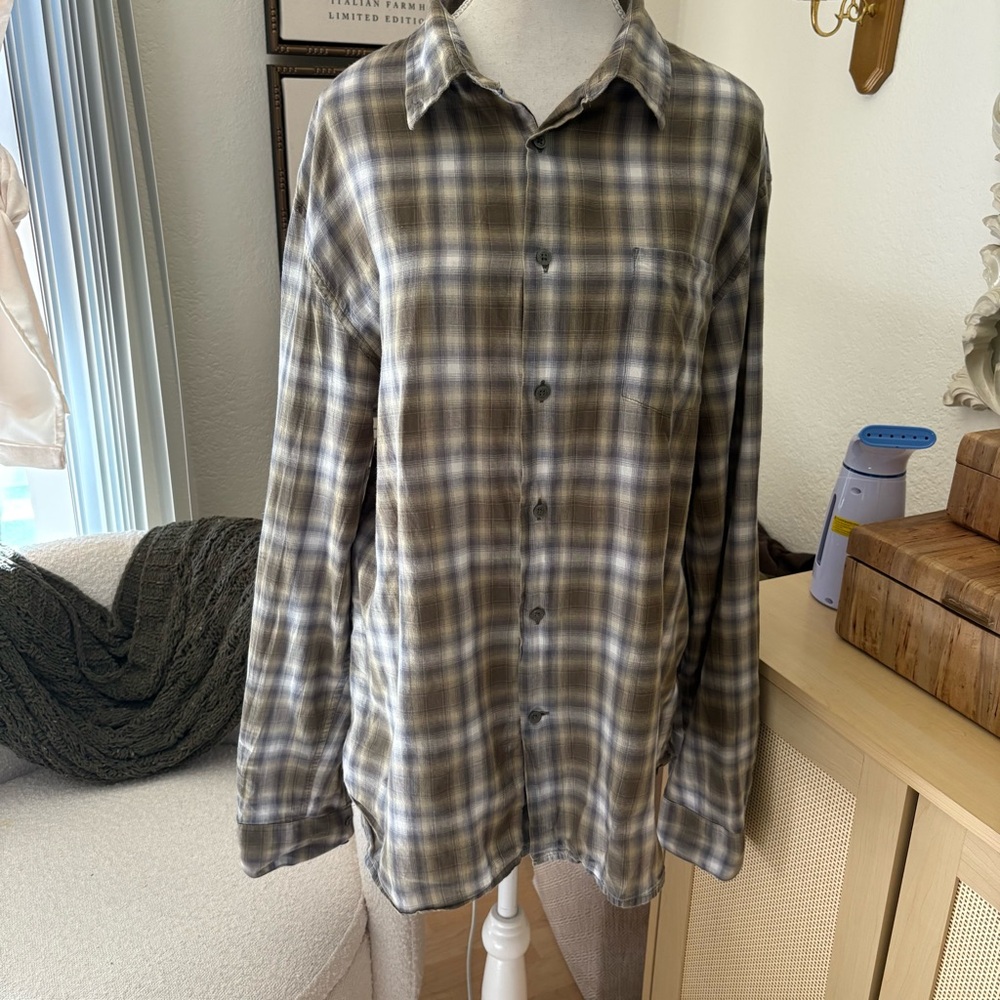 John Varvatos Men's XL Button Down Casual Shirt Green‎ Brown Cream Plaid